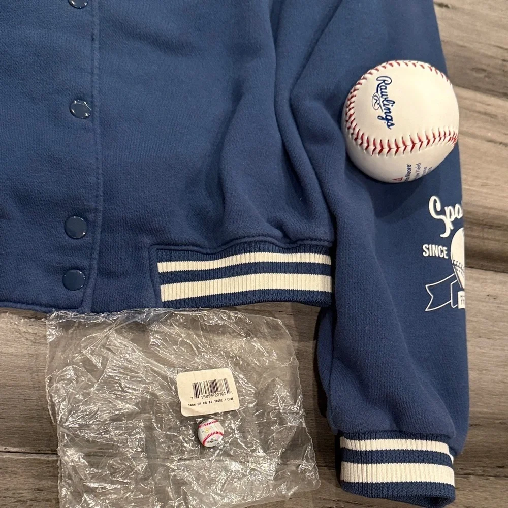 H&M Blue New York Varsity Jacket with White Lettering, includes the Cubs ball.